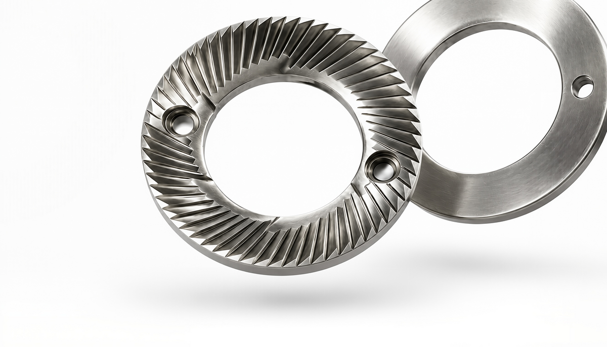 Two stainless Steel 60 Burr, including a splined ring gear and a flat metal plate, shown on a clean white background.