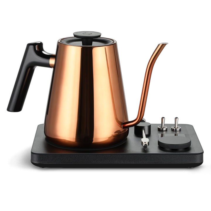 Lafeeca copper electric kettle with a gooseneck spout and a DJ turntable base, designed for pour-over coffee brewing. #color_copper
