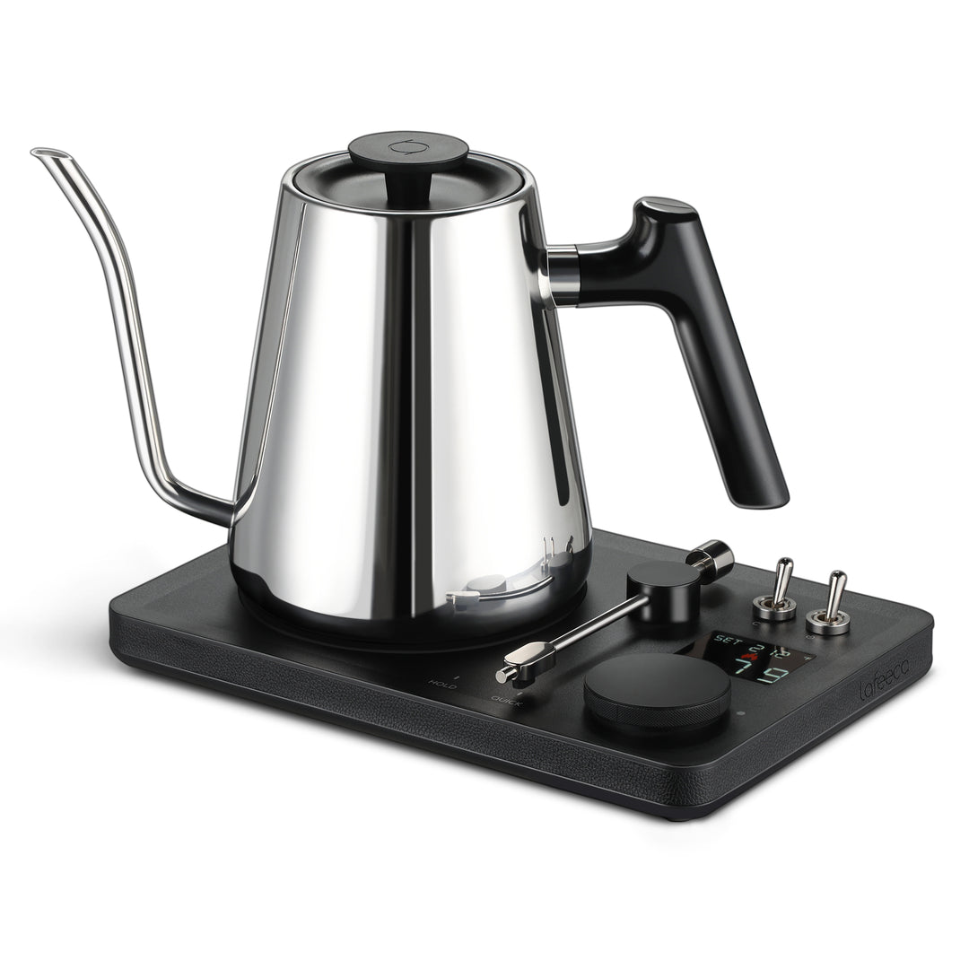 Lafeeca stainless electric kettle with a gooseneck spout and a DJ turntable base, designed for pour-over coffee brewing. #color_stainless