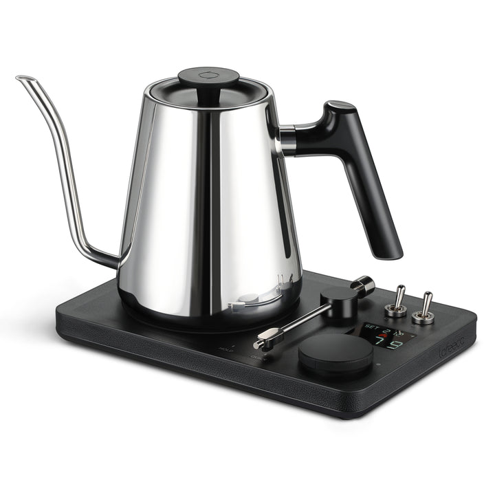 Lafeeca stainless electric kettle with a gooseneck spout and a DJ turntable base, designed for pour-over coffee brewing. #color_stainless