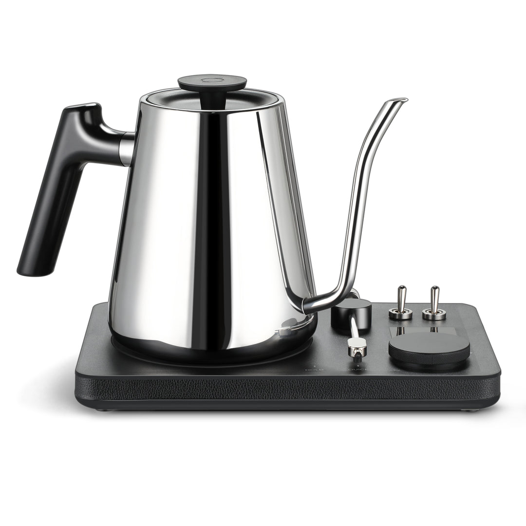 Lafeeca stainless electric kettle with a gooseneck spout and a DJ turntable base, designed for pour-over coffee brewing. #color_stainless