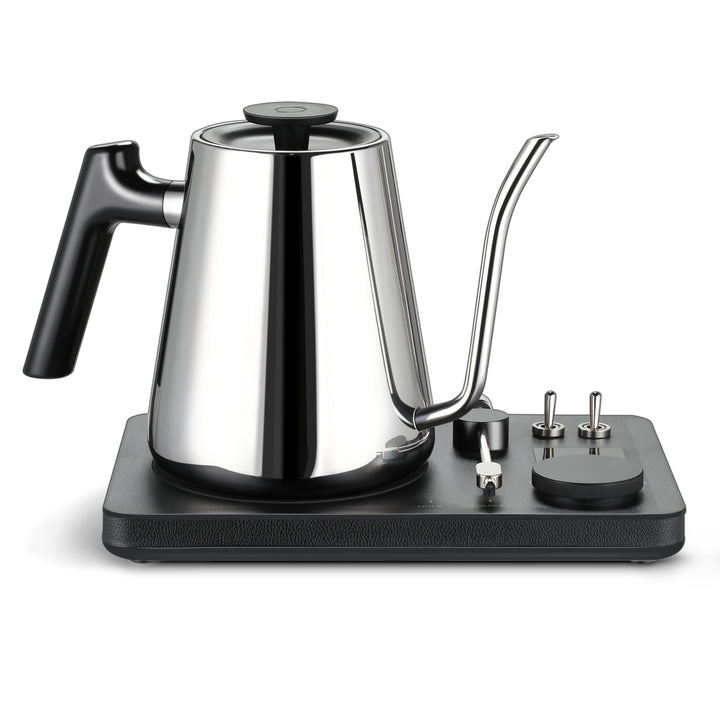 Lafeeca stainless electric kettle with a gooseneck spout and a DJ turntable base, designed for pour-over coffee brewing. #color_stainless