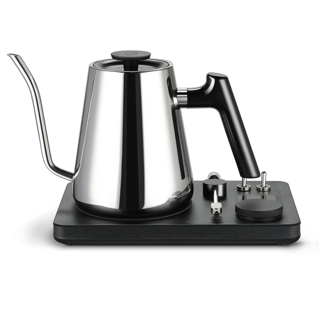 Lafeeca stainless electric kettle with a gooseneck spout and a DJ turntable base, designed for pour-over coffee brewing. #color_stainless