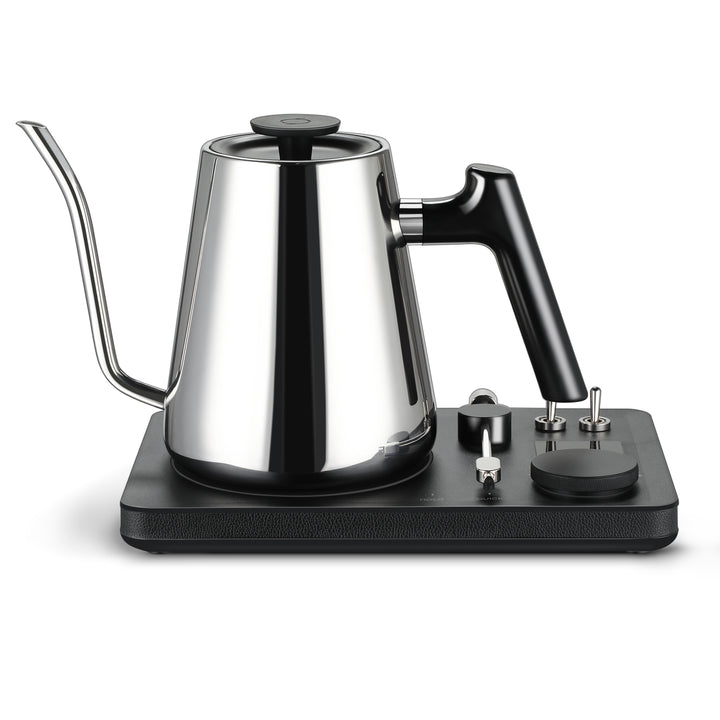 Lafeeca stainless electric kettle with a gooseneck spout and a DJ turntable base, designed for pour-over coffee brewing. #color_stainless