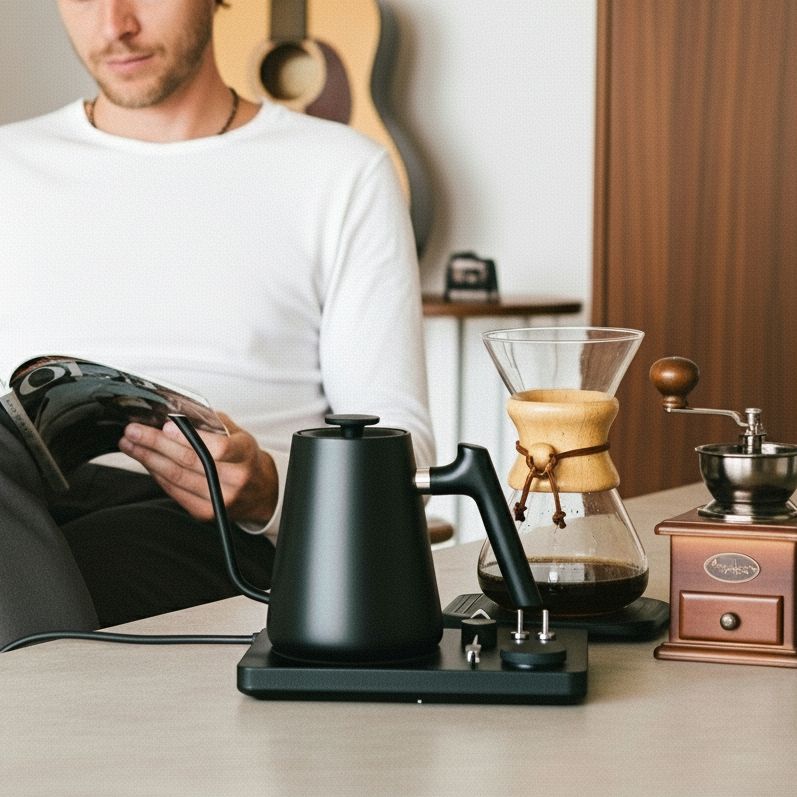 Man sitting at a table with coffee-making equipment and a guitar in the background