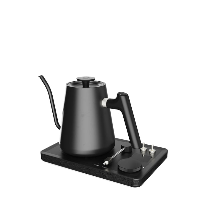 Lafeeca black electric kettle with a gooseneck spout and a DJ turntable base, designed for pour-over coffee brewing top side view #color_black