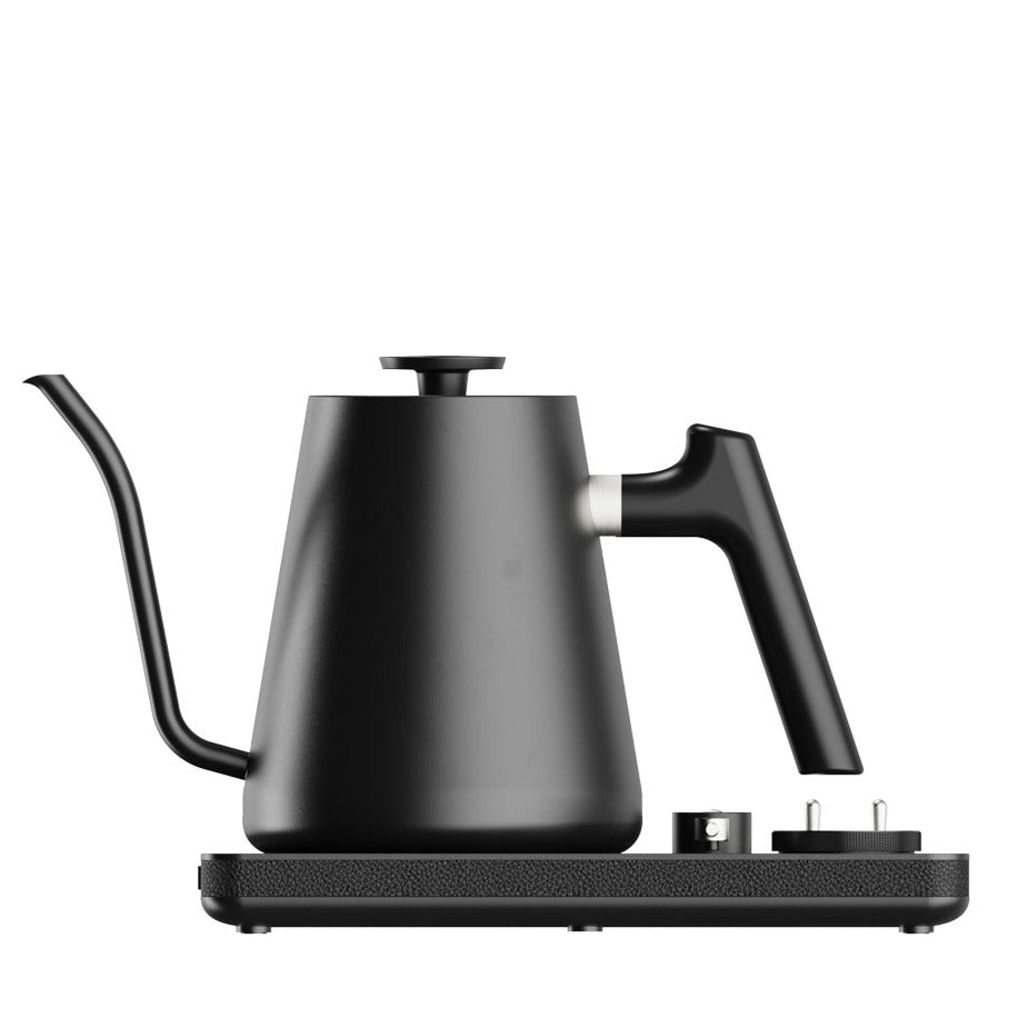 Lafeeca black electric kettle with a gooseneck spout and a DJ turntable base, designed for pour-over coffee brewing. #color_black