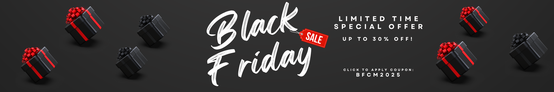 Black Friday sale banner with gift boxes and discount text on a dark background
