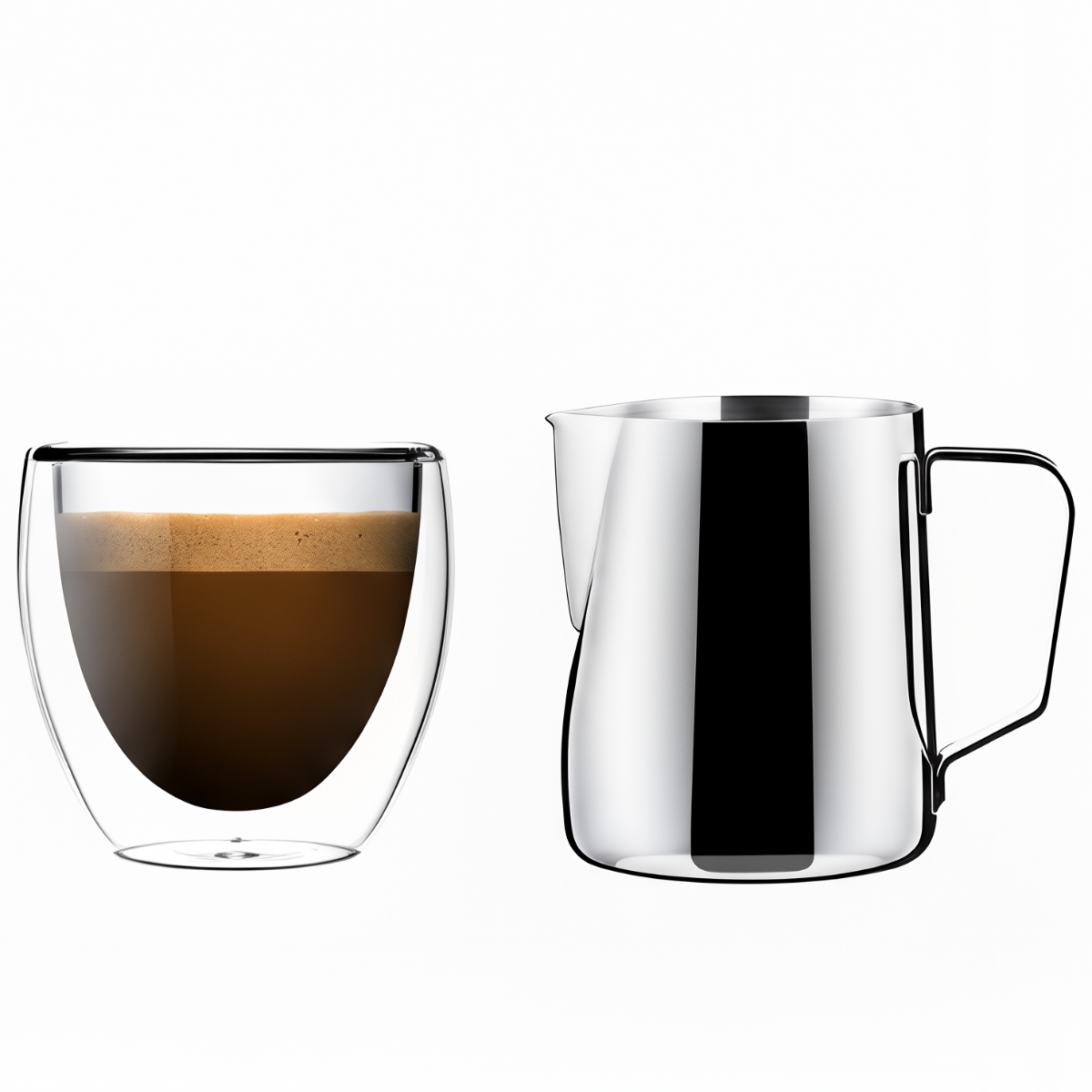 Glass coffee cup with espresso and milk frothing pitcher on a white background