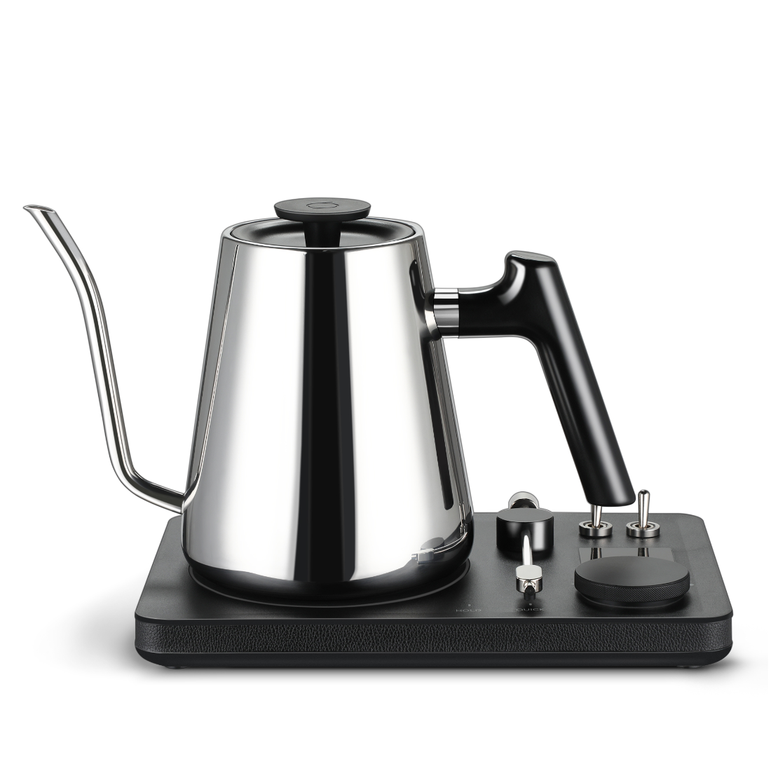 Stainless steel kettle with black base on a white background