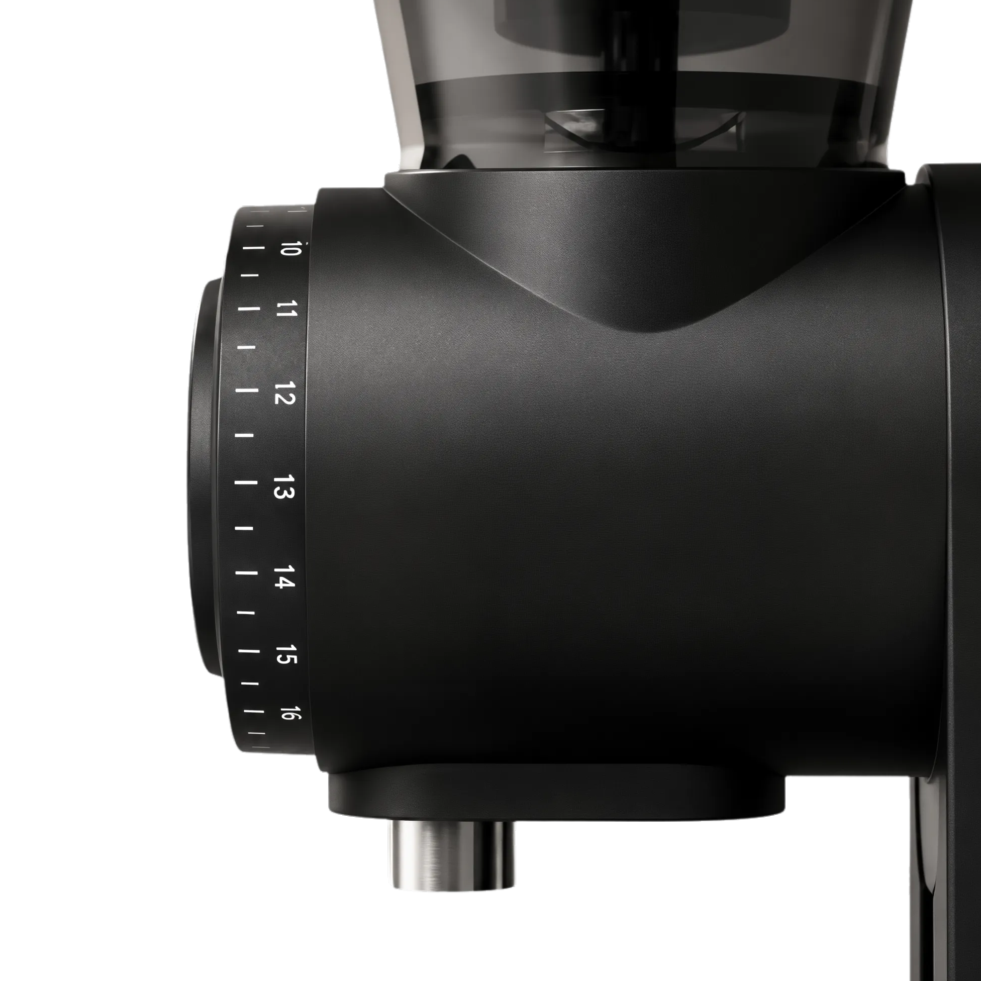 Close-up of a black Lafeeca ARC coffee grinder showing the dial adjustment mechanism and part of the hopper against a white background.