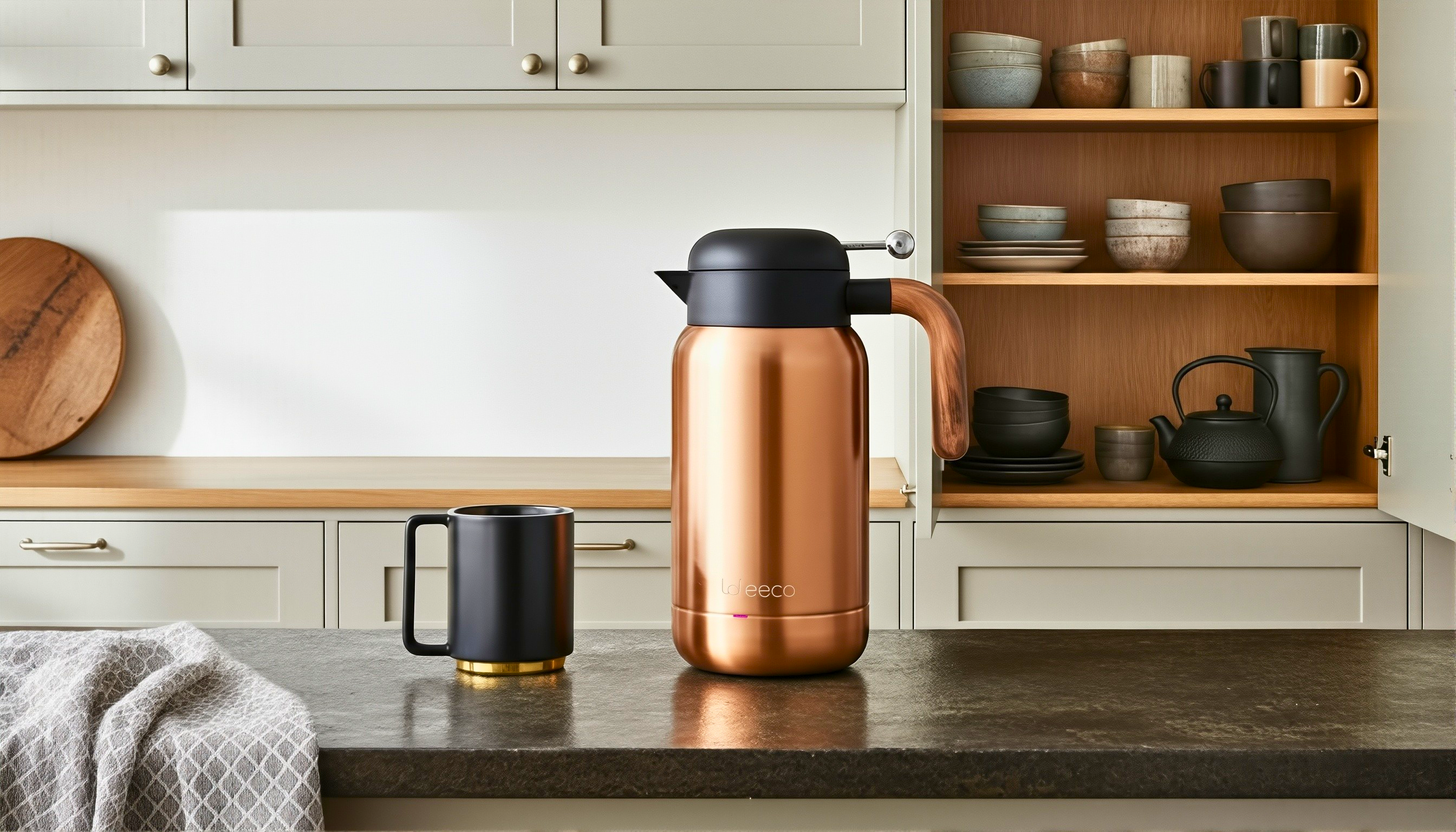 Lafeeca AURA Copper thermos thermal carafe and black mug on a kitchen counter with shelves in the background.