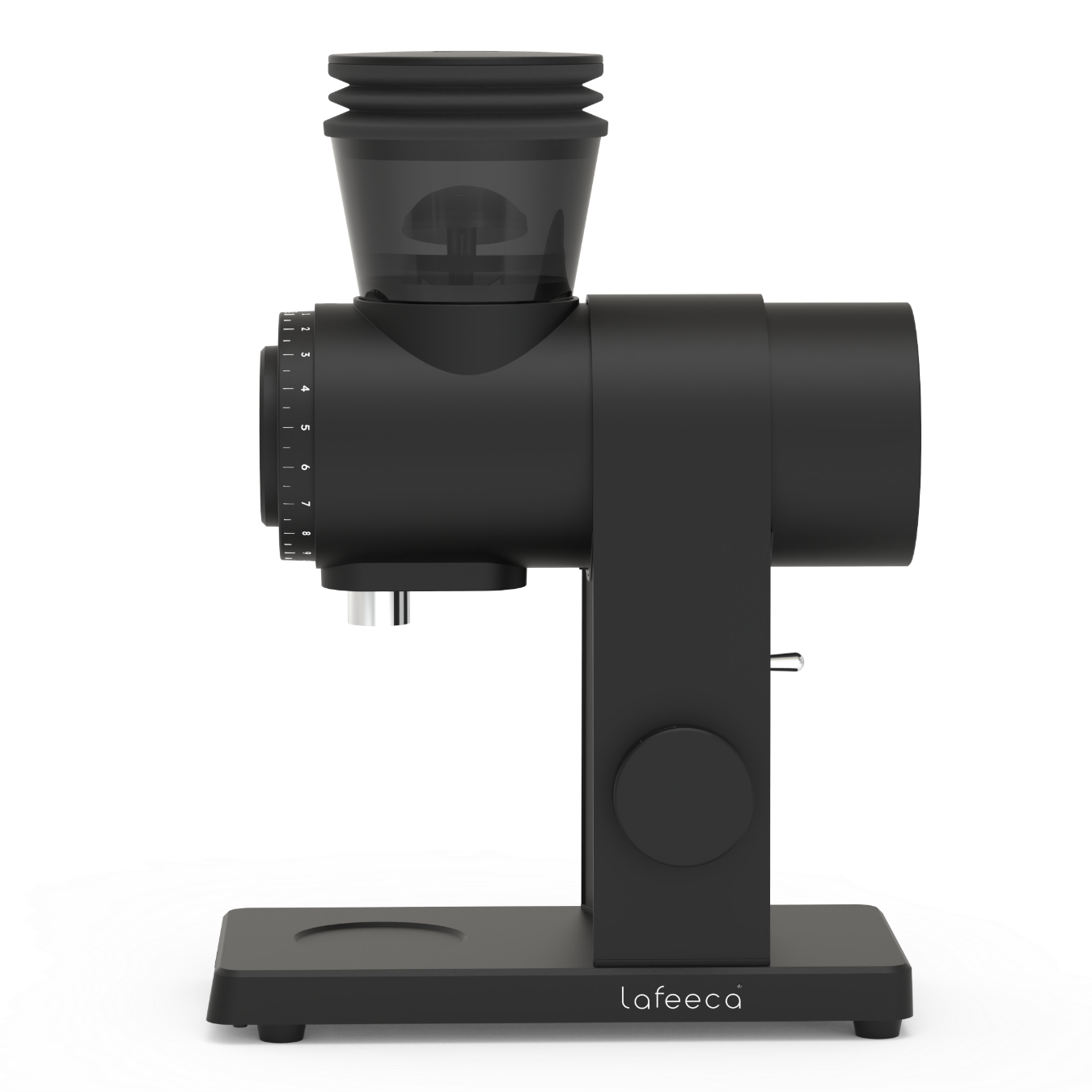 A matte black Arc Lafeeca coffee grinder with a transparent bean hopper, shown from a side profile on a clean white background. Best Coffee Grinder.