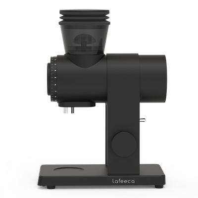 A matte black Arc Lafeeca coffee grinder with a transparent bean hopper, shown from a side profile on a clean white background. Best Coffee Grinder.