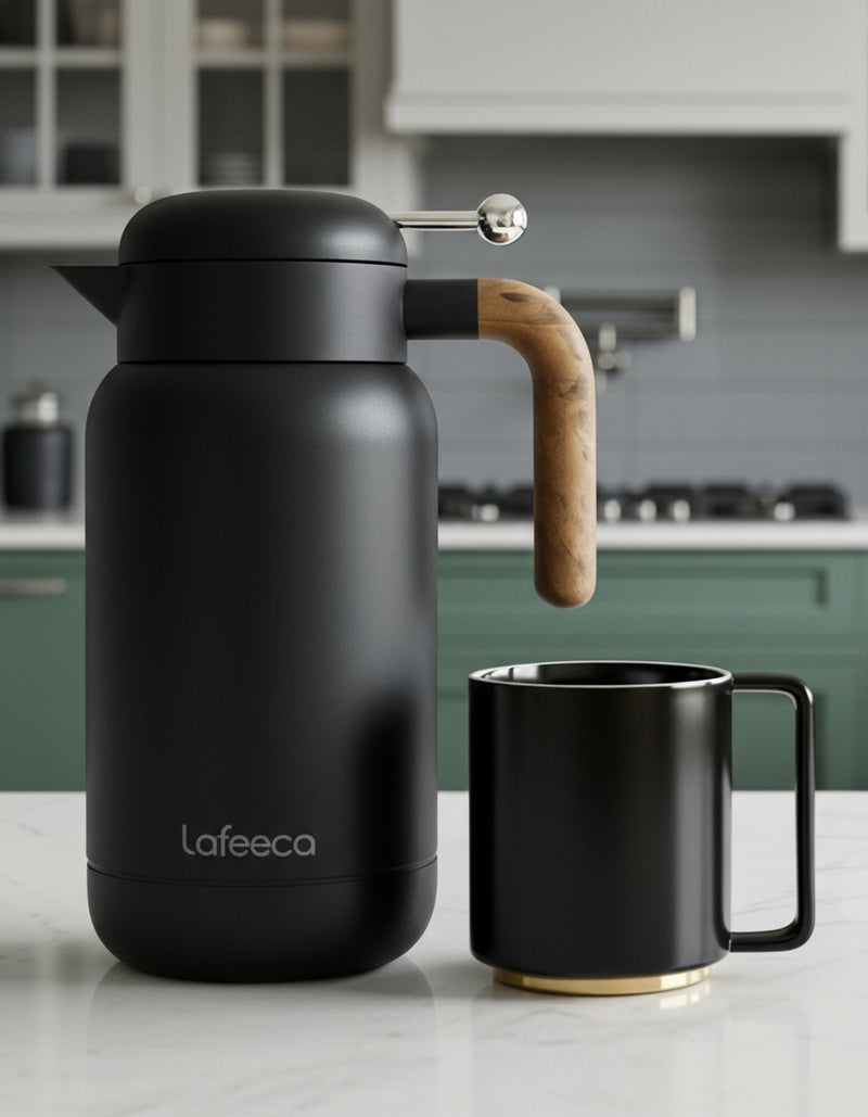 Black Lafeeca coffee carafe pot with wooden handle on a kitchen counter with Lafeeca ceramic coffee tea mug