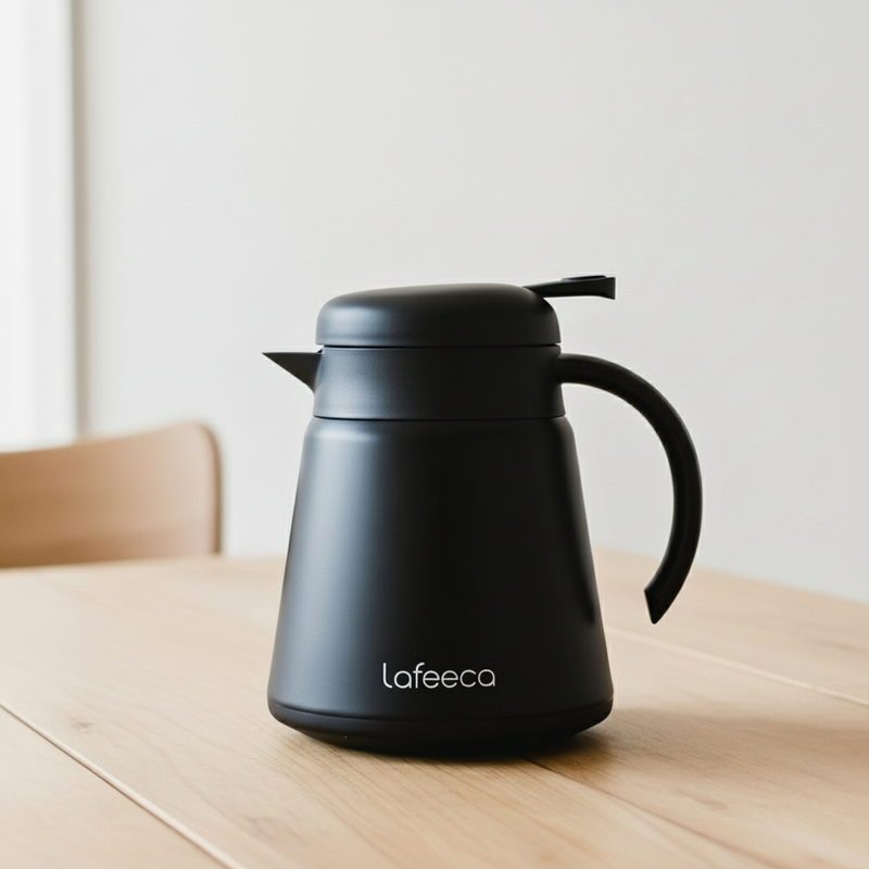 Black thermos thermal carafe flask with 'lafeeca' branding on a wooden surface.
