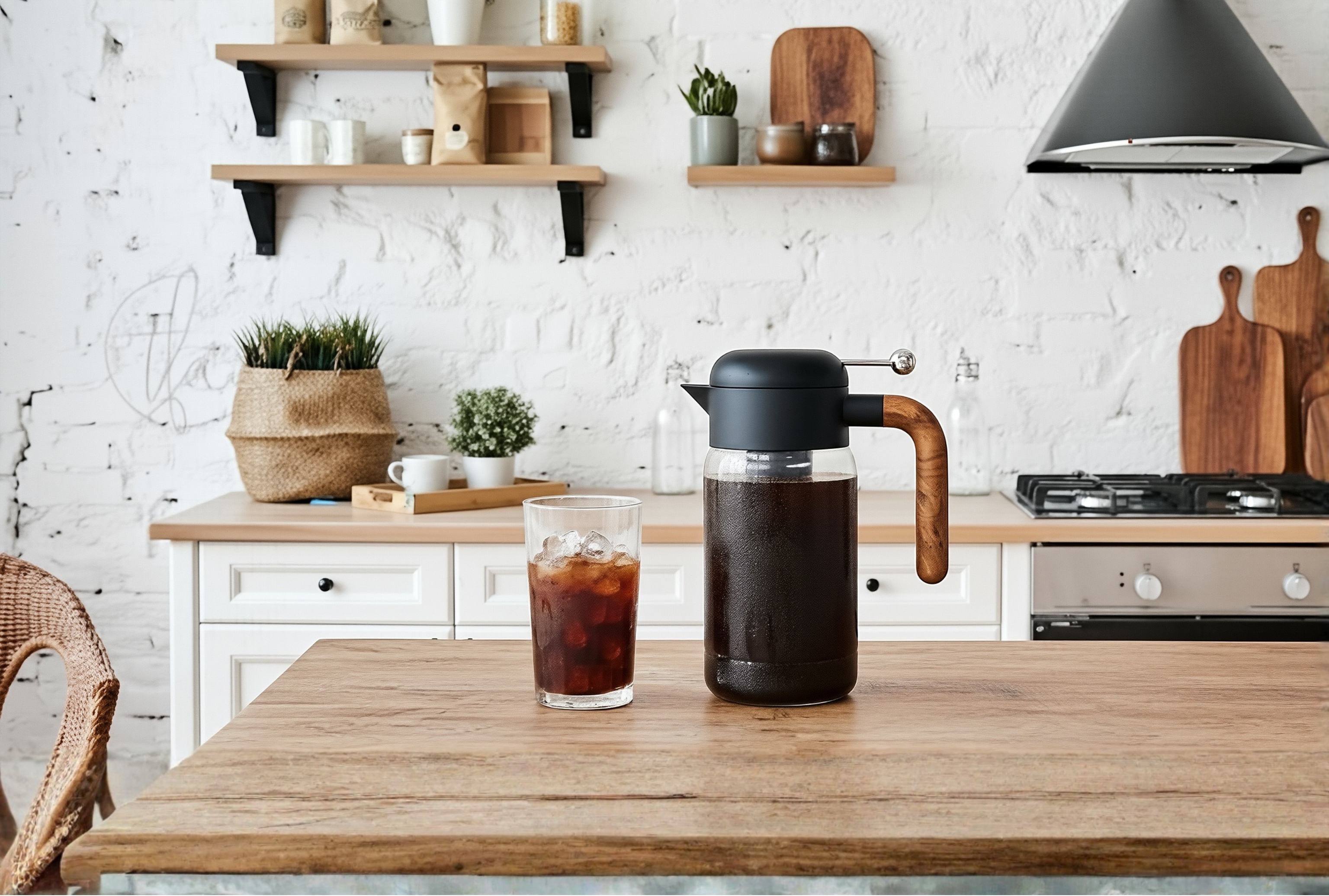 Lafeeca Cold Brew Coffee and Tea Maker Kitchen counter with a cold brew coffee maker and glass of iced coffee.