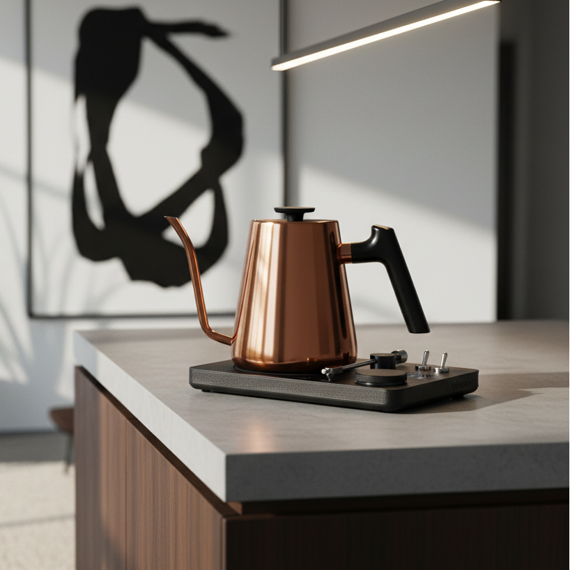 Lafeeca Copper eclectic kettle on a stove in a modern kitchen setting with a plant and abstract art in the background.