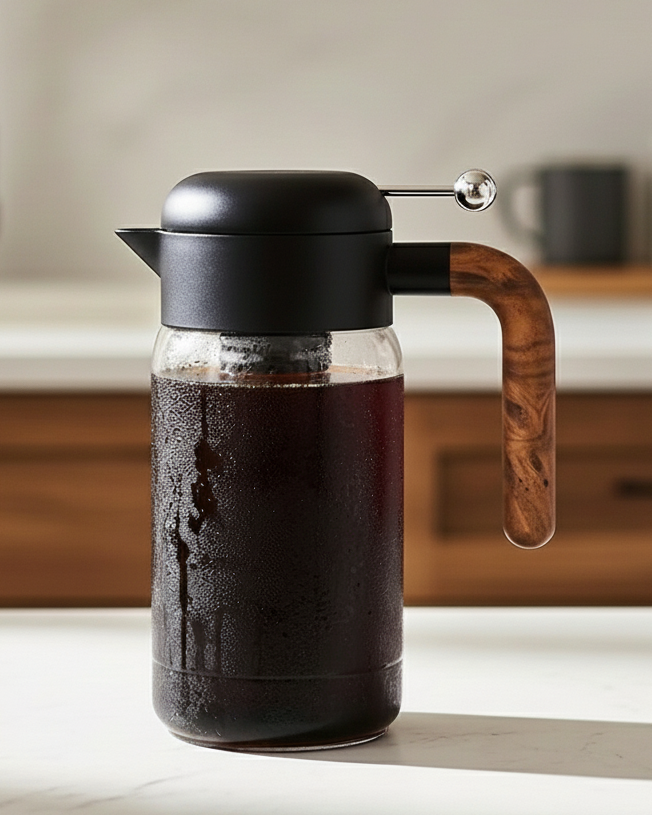 Lafeeca cold brew Coffee maker with wooden handle on a kitchen counter