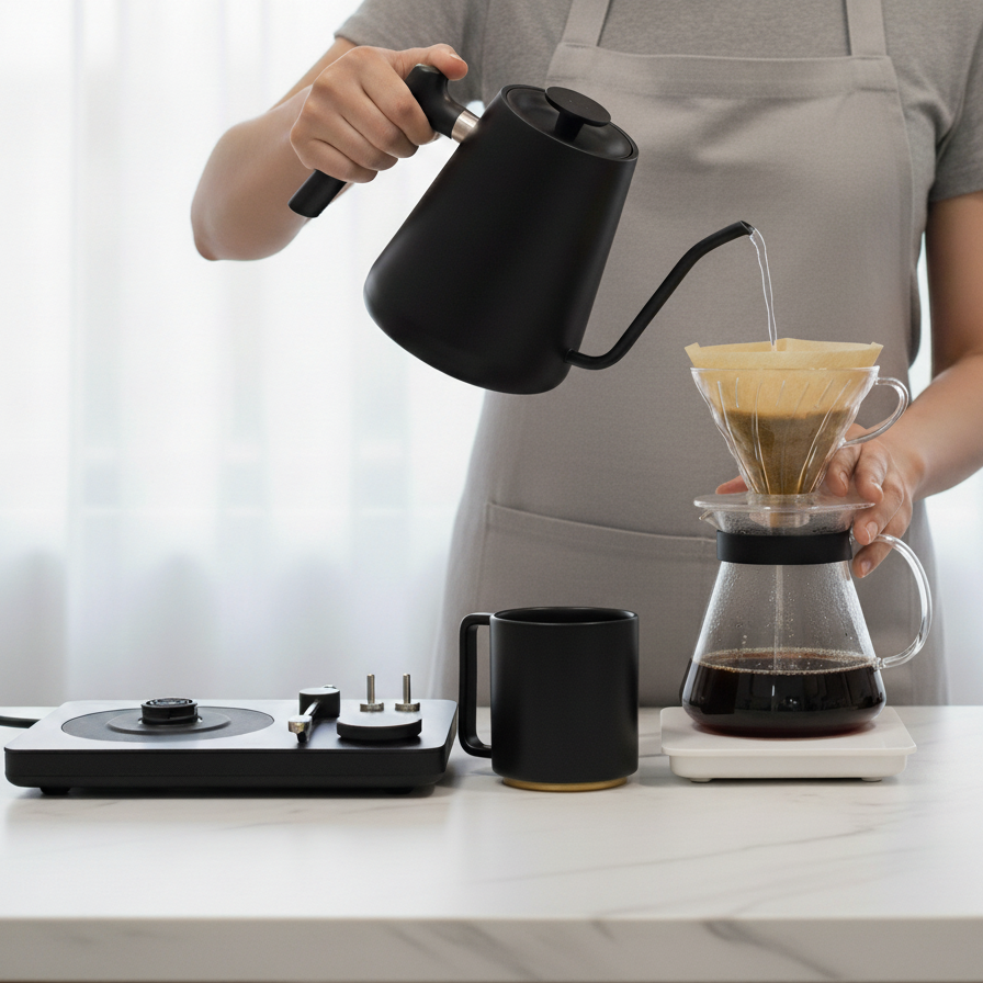 Person making coffee using a lafeeca dj kettle pour-over method on a white countertop.