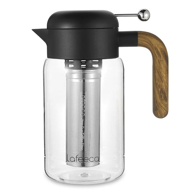 Clear Tritan Plastic coffee maker with black lid and wooden handle on a white background